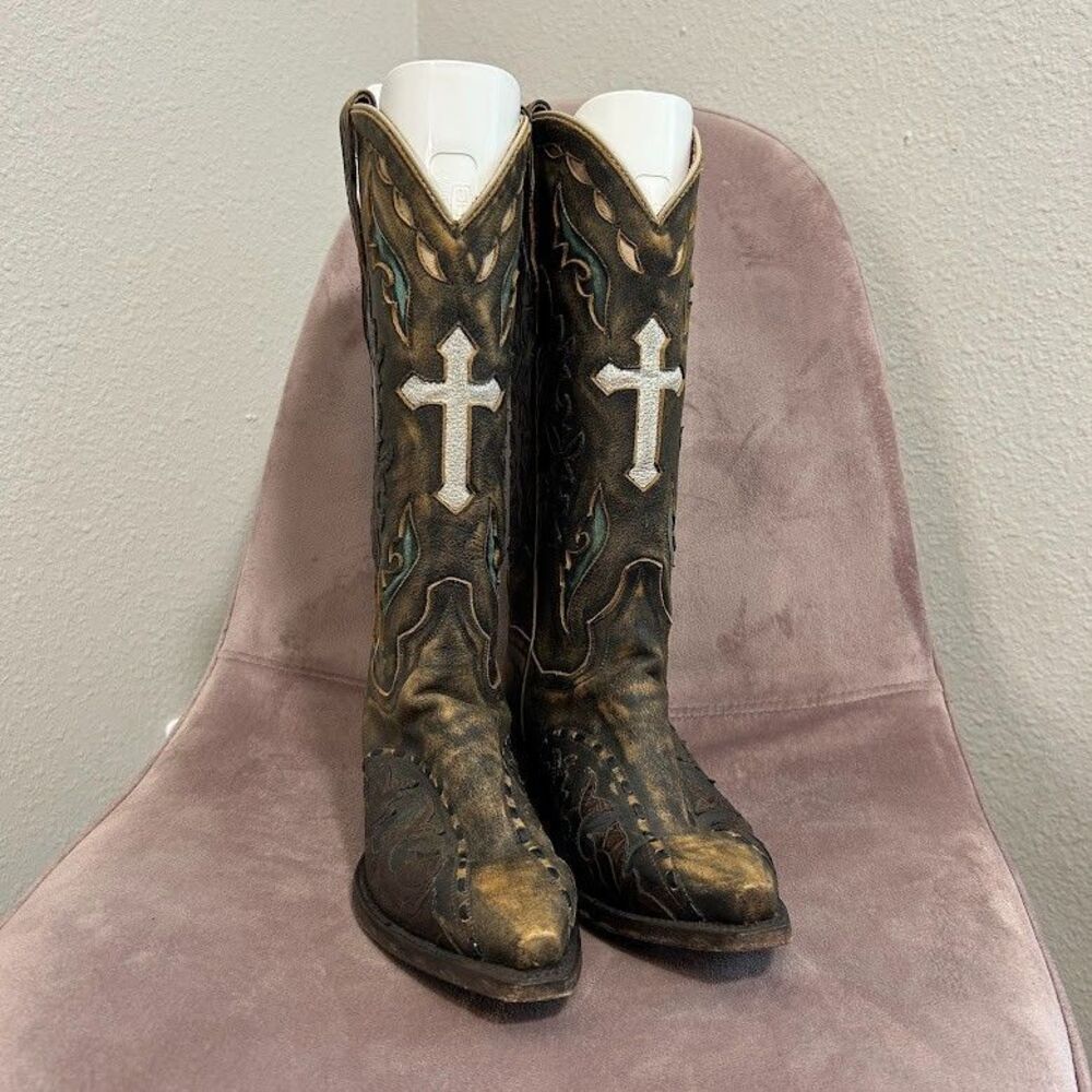 Dan Post Womens 7.5 Western Boots Brown Distressed Leather Cross Snip Toe DP3621